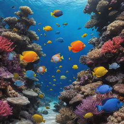 A vibrant and detailed underwater scene featuring a wide variety of colorful, exotic fish swimming among brilliant coral reefs.