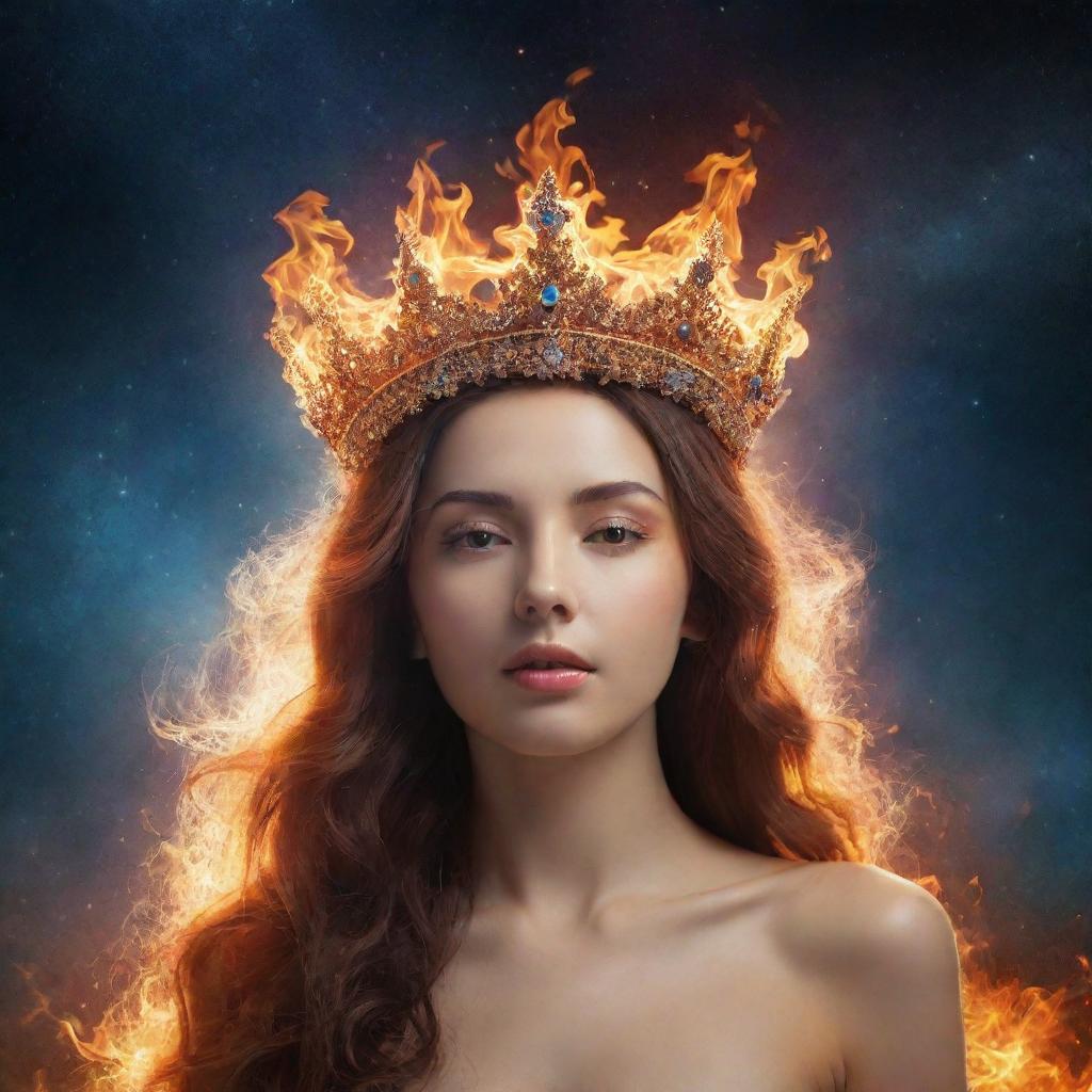 In a 16:9 aspect ratio, showcase a celestial crown in the cosmos, decorated with fire and water. This reflects a harmonious dance of passion and tranquility, without any humans present