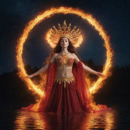 In a 16:9 aspect ratio, showcase a celestial crown in the cosmos, decorated with fire and water. This reflects a harmonious dance of passion and tranquility, without any humans present