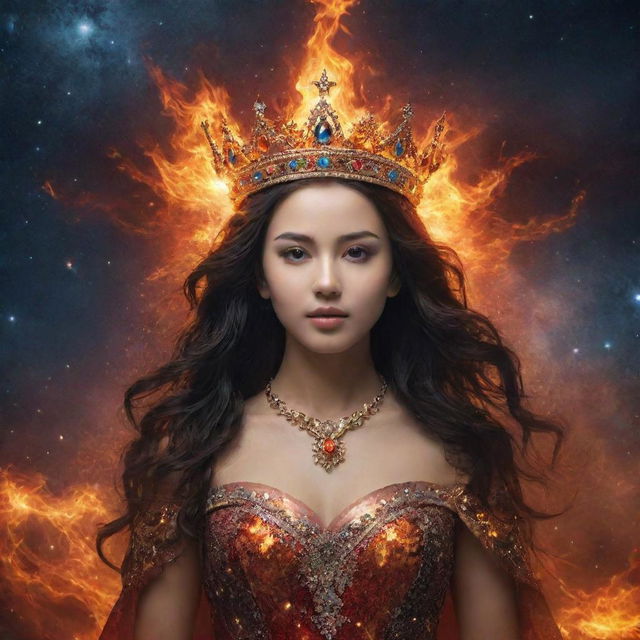 In a 16:9 aspect ratio, showcase a celestial crown in the cosmos, decorated with fire and water. This reflects a harmonious dance of passion and tranquility, without any humans present