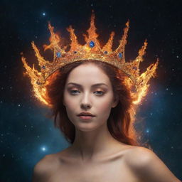 In a 16:9 aspect ratio, showcase a celestial crown in the cosmos, decorated with fire and water. This reflects a harmonious dance of passion and tranquility, without any humans present