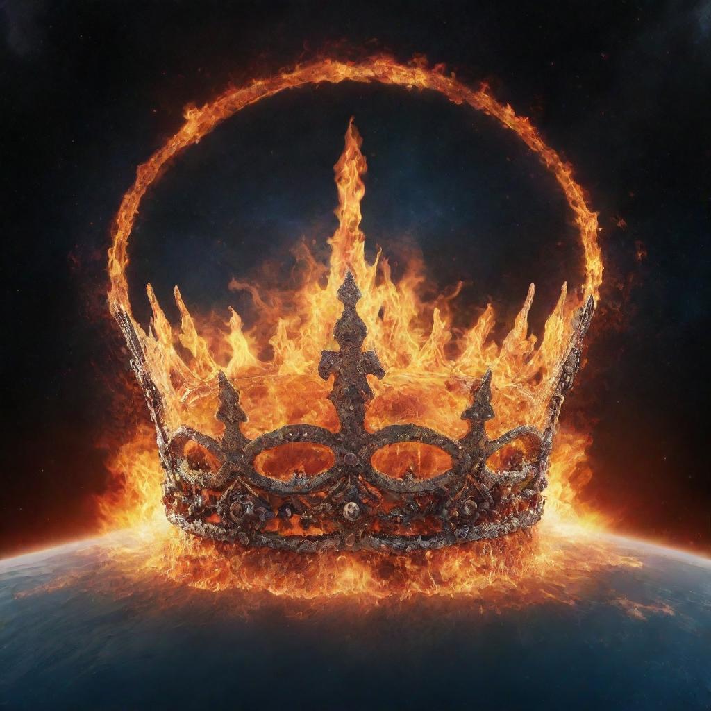 In 16:9 aspect ratio, illustrate a celestial crown in space adorned with elements of fire and water, representing harmony and tranquility. The scene should not include any humans