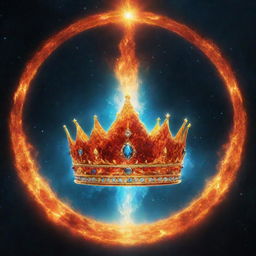 In 16:9 aspect ratio, illustrate a celestial crown in space adorned with elements of fire and water, representing harmony and tranquility. The scene should not include any humans