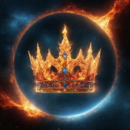 In 16:9 aspect ratio, illustrate a celestial crown in space adorned with elements of fire and water, representing harmony and tranquility. The scene should not include any humans