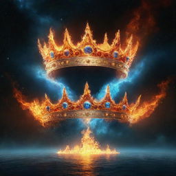 In 16:9 aspect ratio, illustrate a celestial crown in space adorned with elements of fire and water, representing harmony and tranquility. The scene should not include any humans