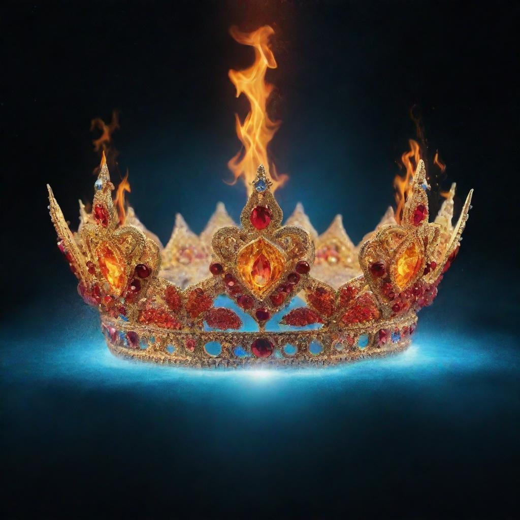 At a 16:9 aspect ratio, depict a celestial crown embellished with fire and water elements in outer space, symbolising harmonious balance and timeless beauty, with no people included