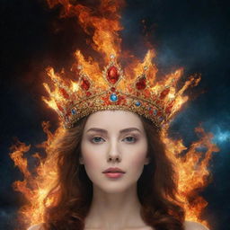 At a 16:9 aspect ratio, depict a celestial crown embellished with fire and water elements in outer space, symbolising harmonious balance and timeless beauty, with no people included