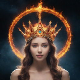 At a 16:9 aspect ratio, depict a celestial crown embellished with fire and water elements in outer space, symbolising harmonious balance and timeless beauty, with no people included