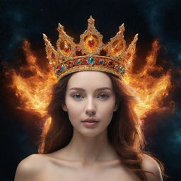 At a 16:9 aspect ratio, depict a celestial crown embellished with fire and water elements in outer space, symbolising harmonious balance and timeless beauty, with no people included