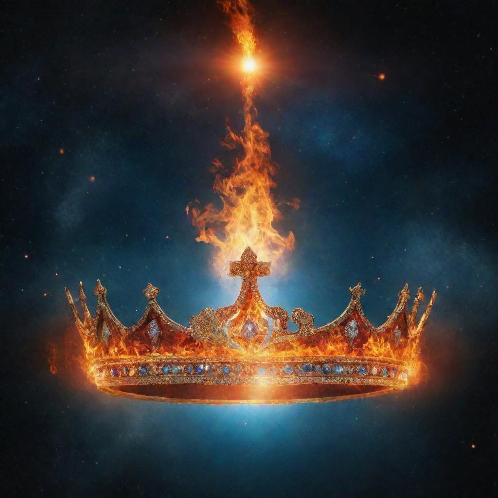 Portray a celestial crown adorned with fire and water in a 16:9 aspect ratio, symbolizing the harmony and tranquility in the cosmos, with no human presence