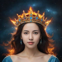 Portray a celestial crown adorned with fire and water in a 16:9 aspect ratio, symbolizing the harmony and tranquility in the cosmos, with no human presence