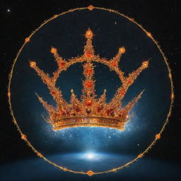 Display a celestial crown, festooned with fiery tendrils and water, placed in the cosmos, symbolizing harmony and tranquility. This setup in a 16:9 ratio shouldn't contain any human figures