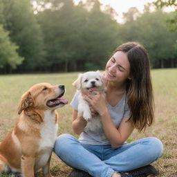 A candid picture of a girl with her dog in a natural, outdoor setting