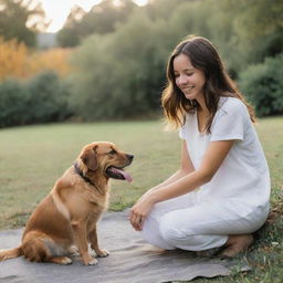 A candid picture of a girl with her dog in a natural, outdoor setting