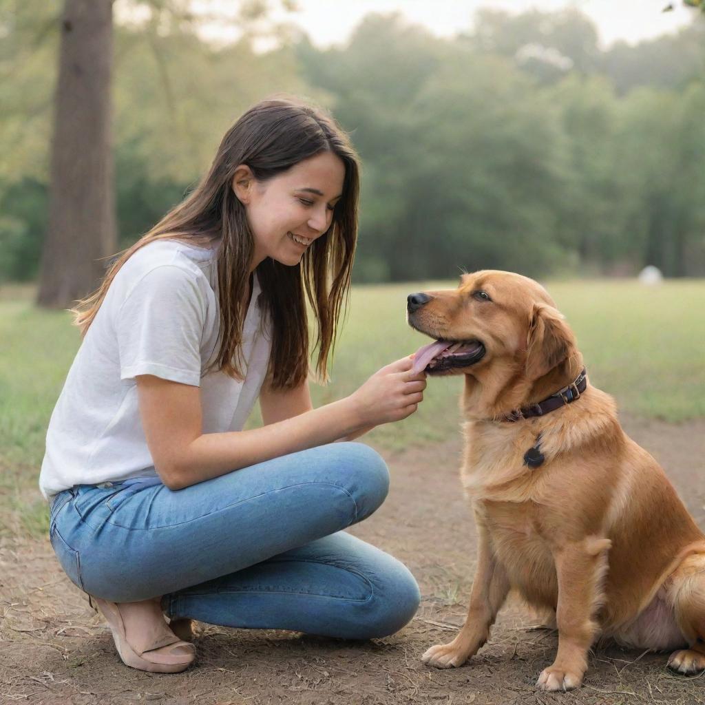 A candid picture of a girl with her dog in a natural, outdoor setting