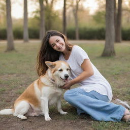 A candid picture of a girl with her dog in a natural, outdoor setting