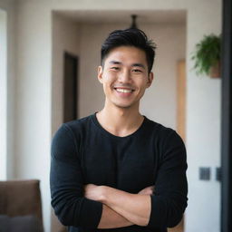 A handsome, strong-featured 23-25 year old Asian male with a radiant smile, clad in stylish black clothing, standing within the cozy ambiance of his apartment.