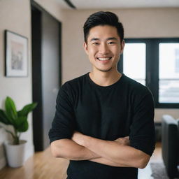 A handsome, strong-featured 23-25 year old Asian male with a radiant smile, clad in stylish black clothing, standing within the cozy ambiance of his apartment.