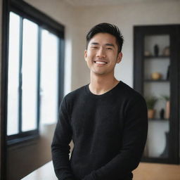 A handsome, strong-featured 23-25 year old Asian male with a radiant smile, clad in stylish black clothing, standing within the cozy ambiance of his apartment.