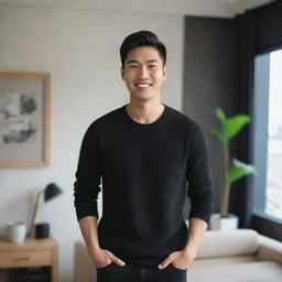 A handsome, strong-featured 23-25 year old Asian male with a radiant smile, clad in stylish black clothing, standing within the cozy ambiance of his apartment.