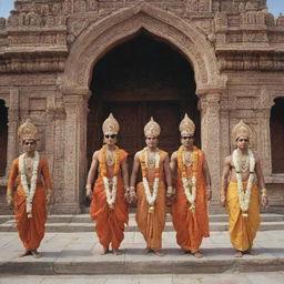 Rama, Lekshman, Seeta, and Hanuman in grand traditional attire, entering an intricately designed Ayodhya temple for a royal coronation.