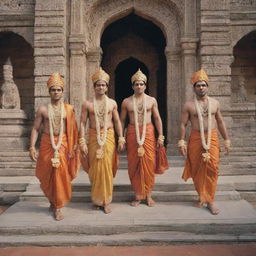 Rama, Lekshman, Seeta, and Hanuman in grand traditional attire, entering an intricately designed Ayodhya temple for a royal coronation.