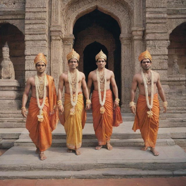 Rama, Lekshman, Seeta, and Hanuman in grand traditional attire, entering an intricately designed Ayodhya temple for a royal coronation.