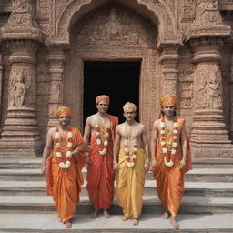 Rama, Lekshman, Seeta, and Hanuman in grand traditional attire, entering an intricately designed Ayodhya temple for a royal coronation.