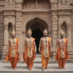 Rama, Lekshman, Seeta, and Hanuman in grand traditional attire, entering an intricately designed Ayodhya temple for a royal coronation.