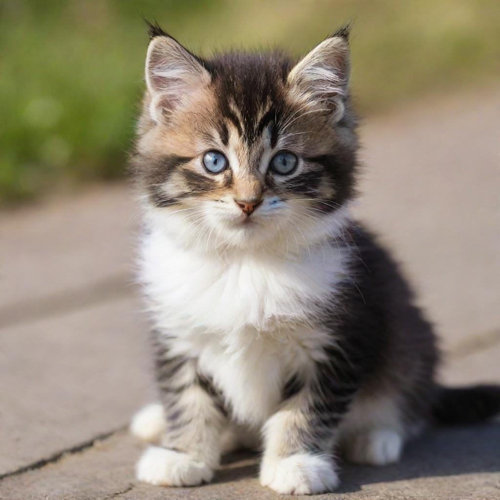 An adorable kitten with fluffy fur, bright eyes and a playful demeanor. The kitten is sitting in a sunny location, looking curiously at its surroundings