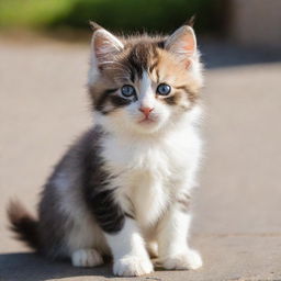 An adorable kitten with fluffy fur, bright eyes and a playful demeanor. The kitten is sitting in a sunny location, looking curiously at its surroundings