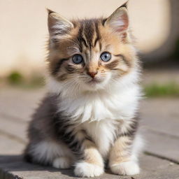 An adorable kitten with fluffy fur, bright eyes and a playful demeanor. The kitten is sitting in a sunny location, looking curiously at its surroundings