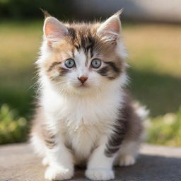 An adorable kitten with fluffy fur, bright eyes and a playful demeanor. The kitten is sitting in a sunny location, looking curiously at its surroundings