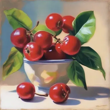 The artist skillfully painted a vibrant still life of a barbados cherry, capturing the delicate hues and textures of the fruit.