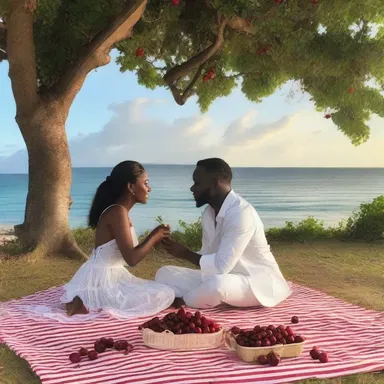 Under the moonlight, the couple shared a romantic picnic, feeding each other juicy barbados cherries as an act of love.