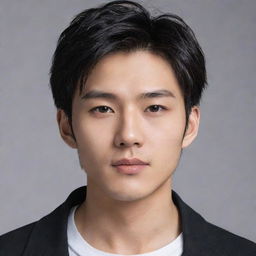 Generate an image of a handsome Asian male in his mid-20s, with prominent features reminiscent of a Manhwa character. He should be wearing black clothing, captured in a realistic, life-like style.