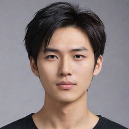 Generate an image of a handsome Asian male in his mid-20s, with prominent features reminiscent of a Manhwa character. He should be wearing black clothing, captured in a realistic, life-like style.