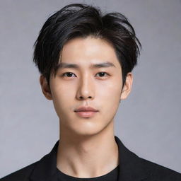 Generate an image of a handsome Asian male in his mid-20s, with prominent features reminiscent of a Manhwa character. He should be wearing black clothing, captured in a realistic, life-like style.