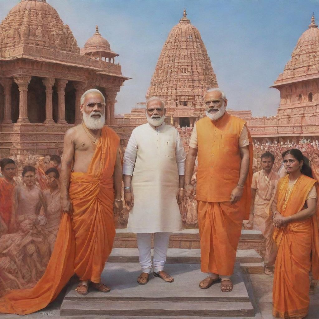 A detailed representation of Lord Ram in Ayodhya alongside Prime Minister Modi, creating a peaceful and solemn atmosphere.