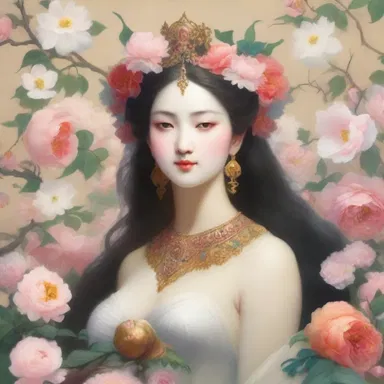 The artist's masterpiece depicted a beautiful immortal goddess surrounded by flowers.