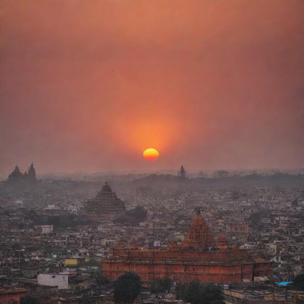 Ayodhya cityscape during sunset with the Ram Mandir silhouetted against the vibrant colors of the sky.