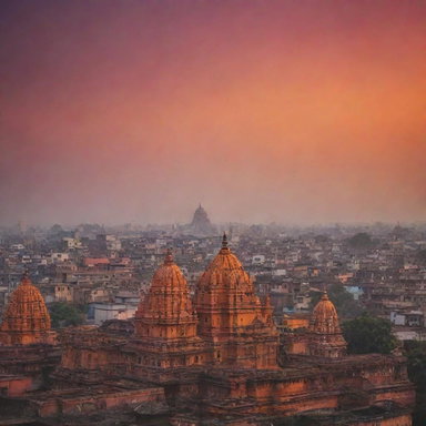 Ayodhya cityscape during sunset with the Ram Mandir silhouetted against the vibrant colors of the sky.