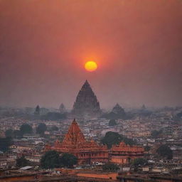 Ayodhya cityscape during sunset with the Ram Mandir silhouetted against the vibrant colors of the sky.