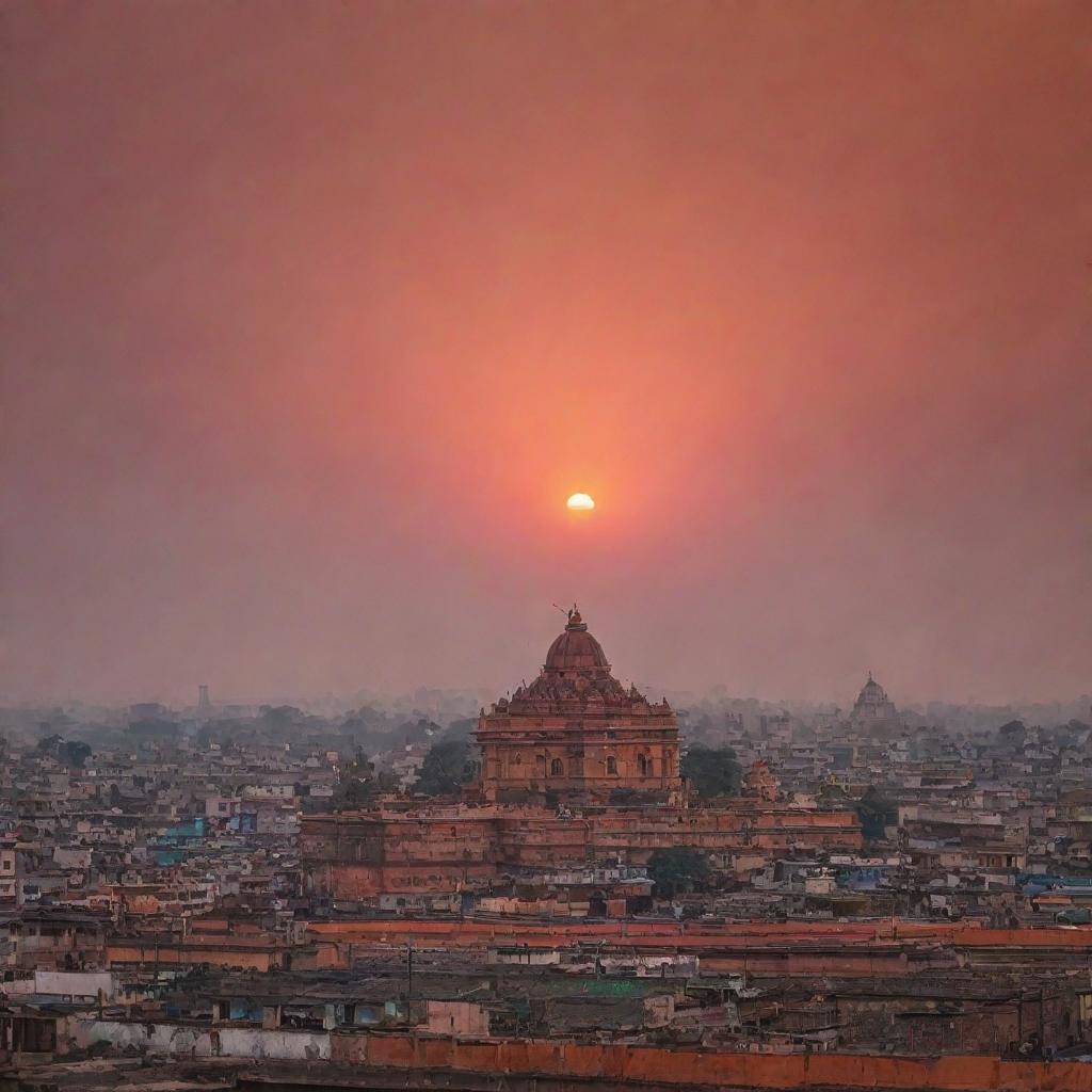 Ayodhya cityscape during sunset with the Ram Mandir silhouetted against the vibrant colors of the sky.