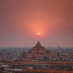 Ayodhya cityscape during sunset with the Ram Mandir silhouetted against the vibrant colors of the sky.