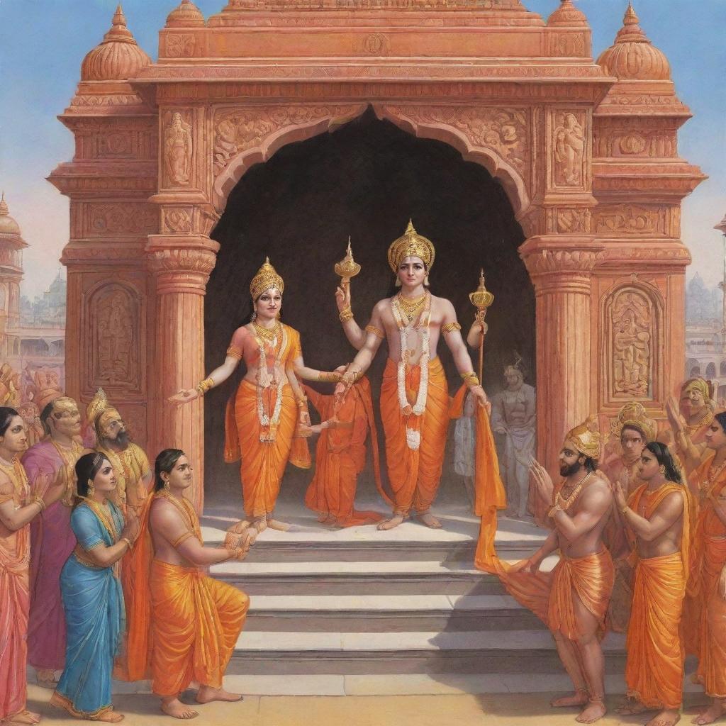 Illustration of Lord Ram, alongside Sita Mata, Lakshman, and Hanuman, graciously giving blessings to a gathering of people in front of the majestic Ram Mandir.