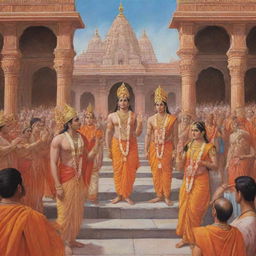 Illustration of Lord Ram, alongside Sita Mata, Lakshman, and Hanuman, graciously giving blessings to a gathering of people in front of the majestic Ram Mandir.