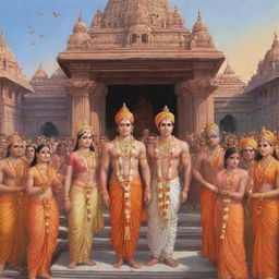 Illustration of Lord Ram, alongside Sita Mata, Lakshman, and Hanuman, graciously giving blessings to a gathering of people in front of the majestic Ram Mandir.