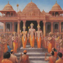 Illustration of Lord Ram, alongside Sita Mata, Lakshman, and Hanuman, graciously giving blessings to a gathering of people in front of the majestic Ram Mandir.