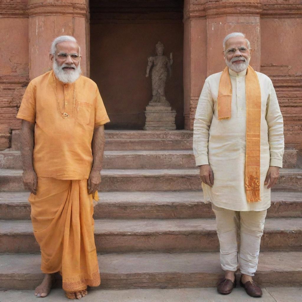 Indian Prime Minister Narendra Modi and Lord Rama, Hindu deity, together in the sacred city of Ayodhya, India. Both are depicted in respectful, dignified poses.